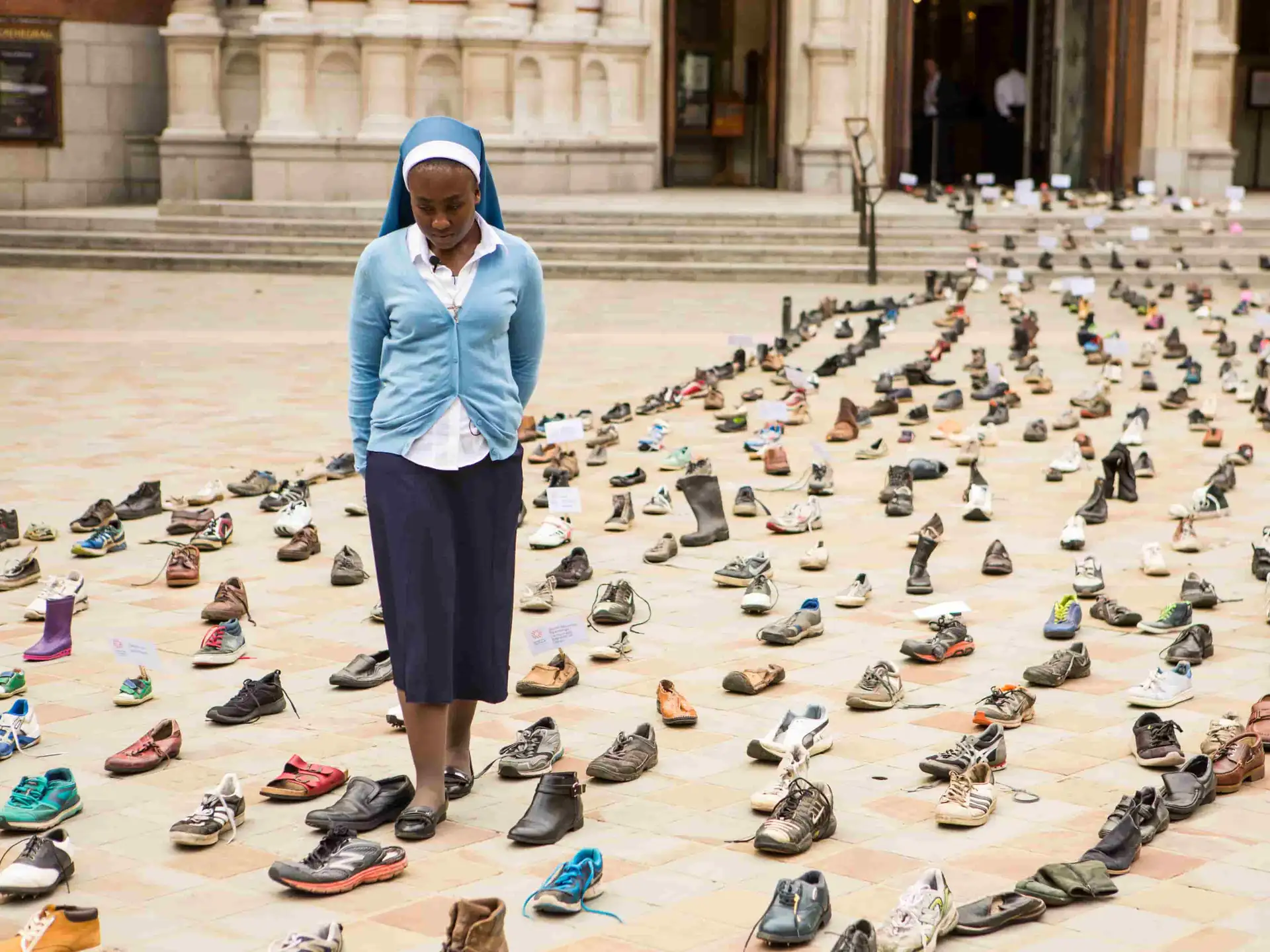 UK - Westminster - Sr Clara with refugees' and migrants' shoes